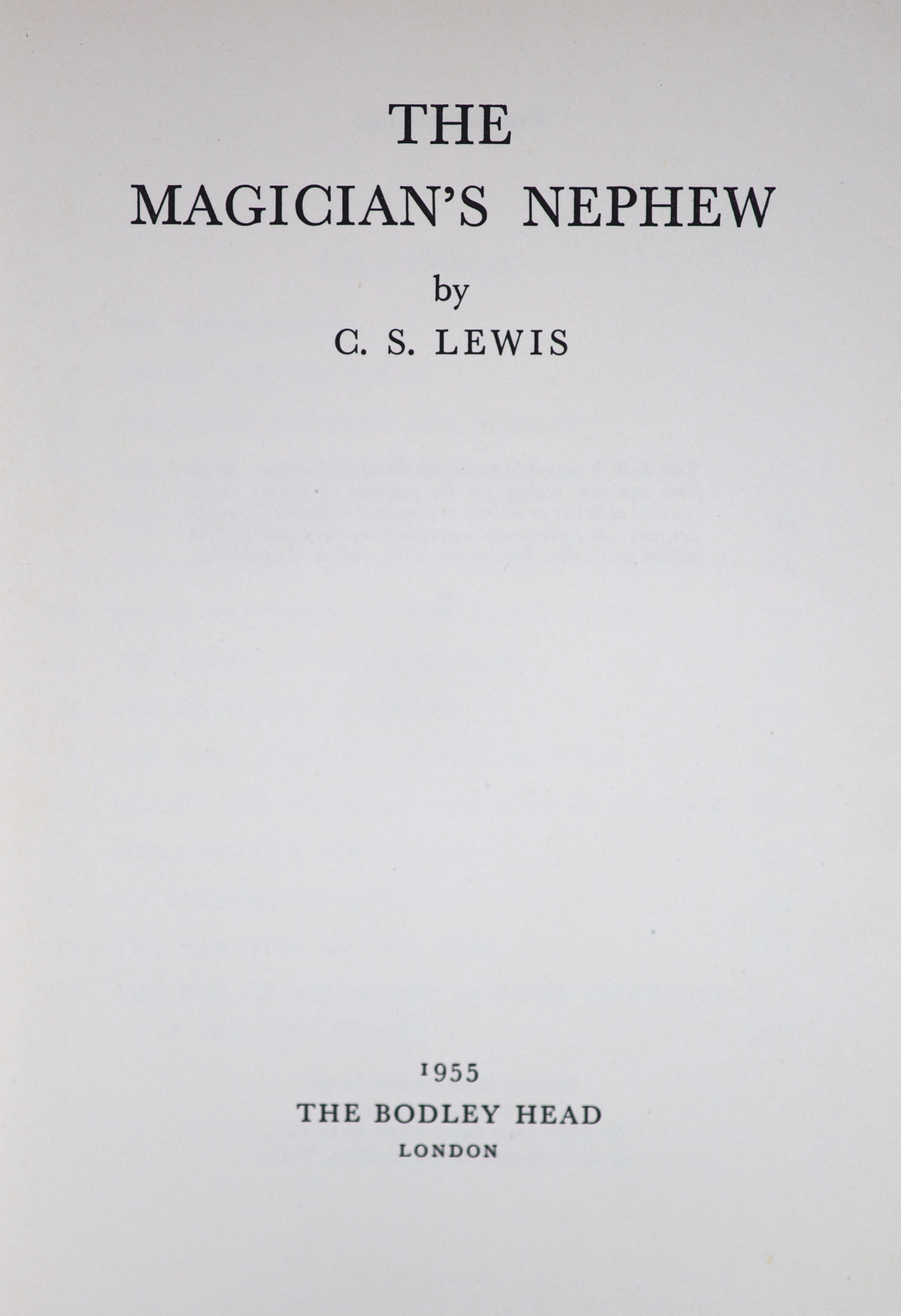 Lewis, Clive Staples - The Magician’s Nephew, 1st edition, 8vo, illustrated by Pauline Baynes, original cloth, in unclipped d/j, The Bodley Head, London, 1955